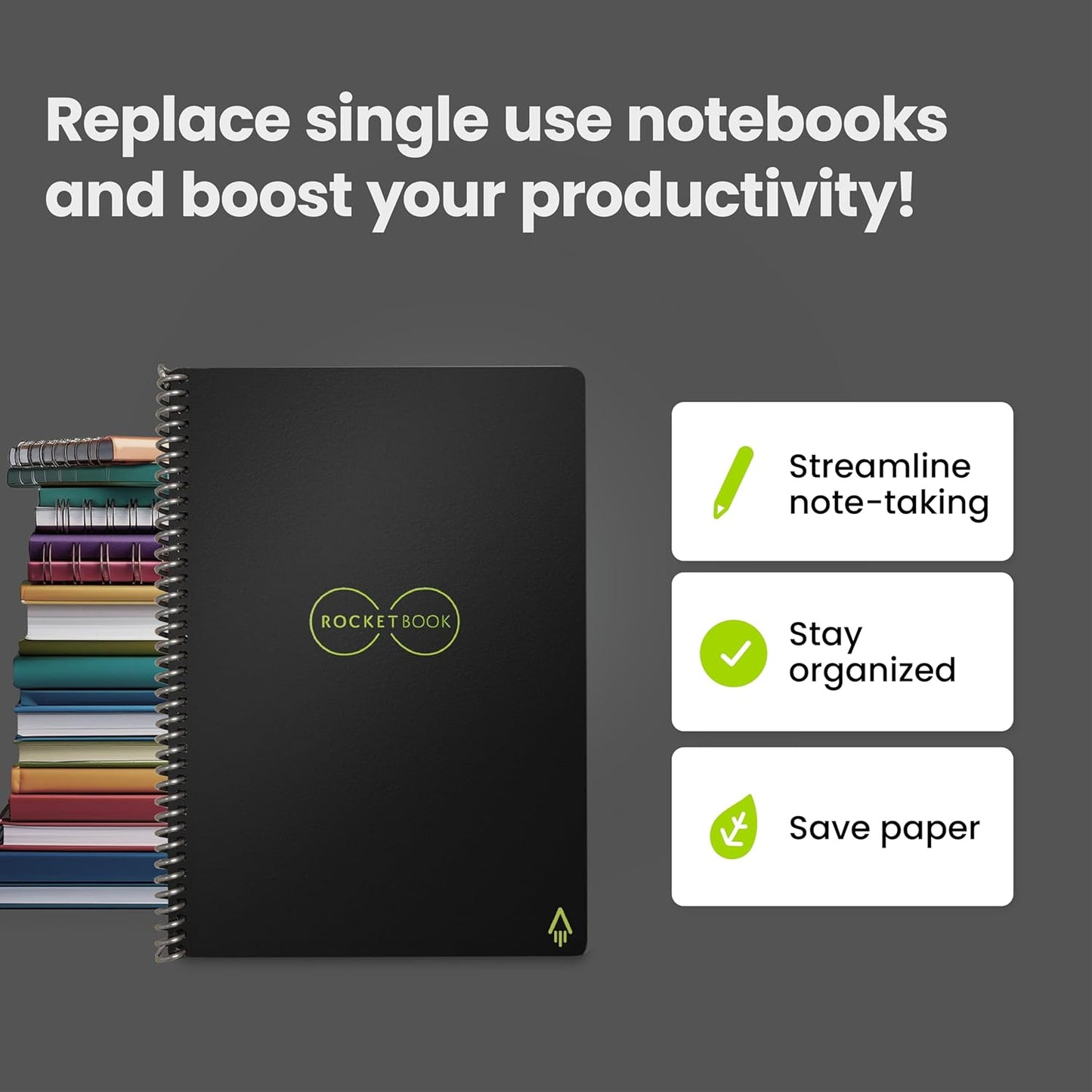 Core Reusable Spiral Notebook, Executive Size 6X8.8, Black - Dotted Pages, App-Connected, Erasable, Durable Cover, Ideal for School, Work, and Creative Projects