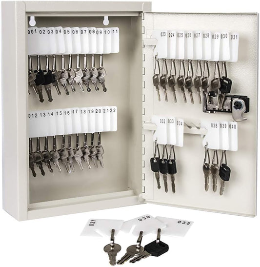 Key Storage Lock Box with Code,Locking Key Cabinet,40 Key Management Wall Mount with Combination Lock,Key Hooks & Tags Key Labels, 2.5" D X 8.1" W X 12.1" H (White,40 Key)